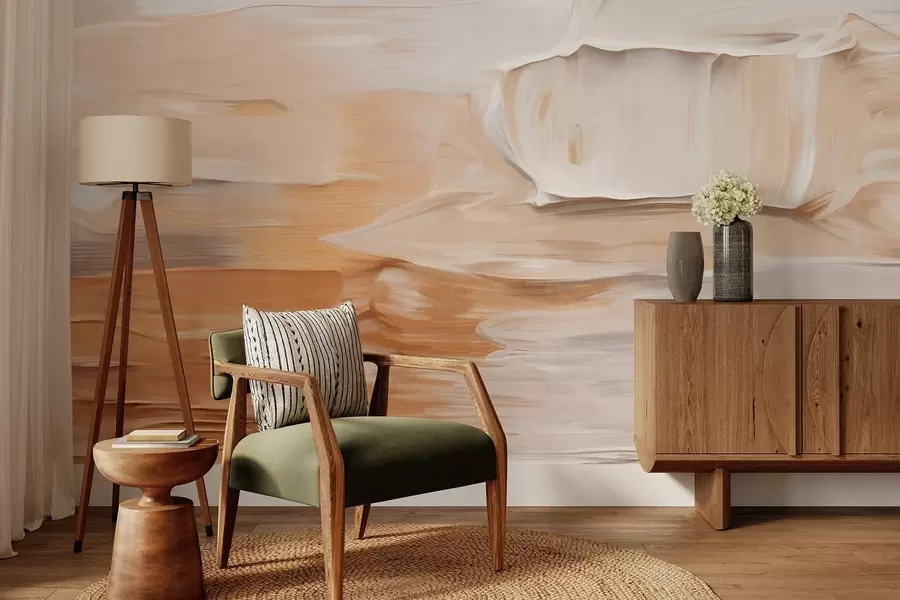 wall murals Abstract textured brushstrokes imitation in warm earthy tones of beige, cream and brown, modern art w09588