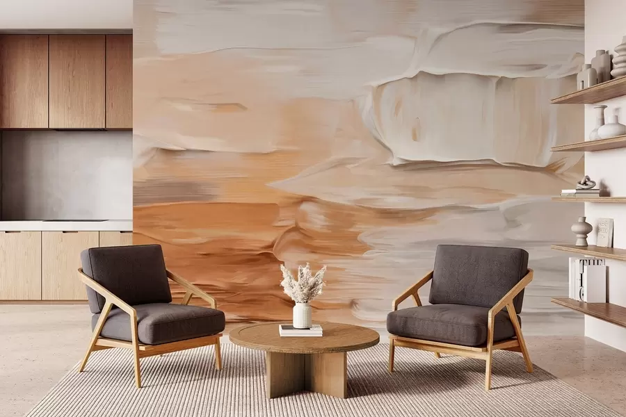 wall murals Abstract textured brushstrokes imitation in warm earthy tones of beige, cream and brown, modern art w09588