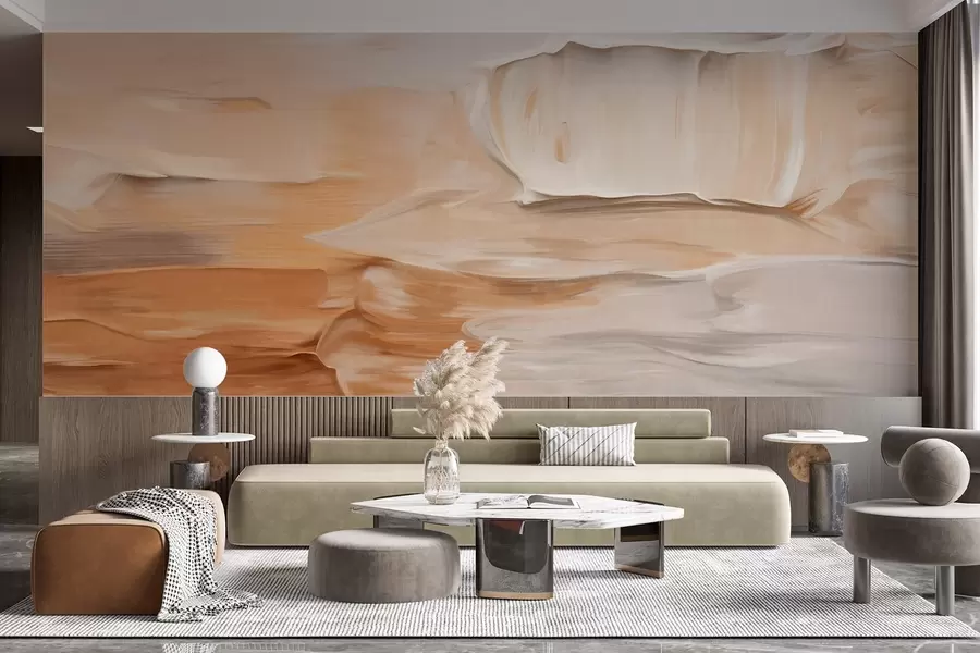 wall murals Abstract textured brushstrokes imitation in warm earthy tones of beige, cream and brown, modern art w09588