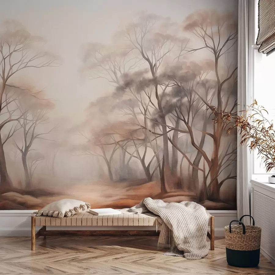 wall murals Textured trees in a hazy woodland, foggy landscape with subdued muted colors and gentle lighting w09609