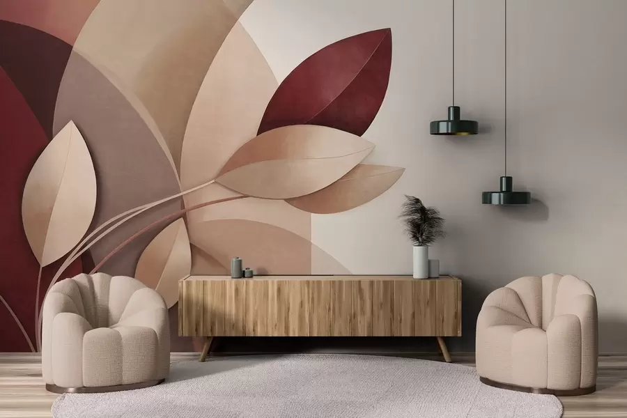 wall murals Abstract textured branch with leaves in shades of brown, beige and red, against a background of abstract shapes w09618