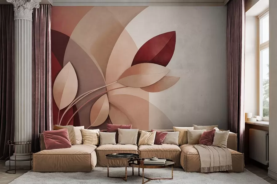 wall murals Abstract textured branch with leaves in shades of brown, beige and red, against a background of abstract shapes w09618