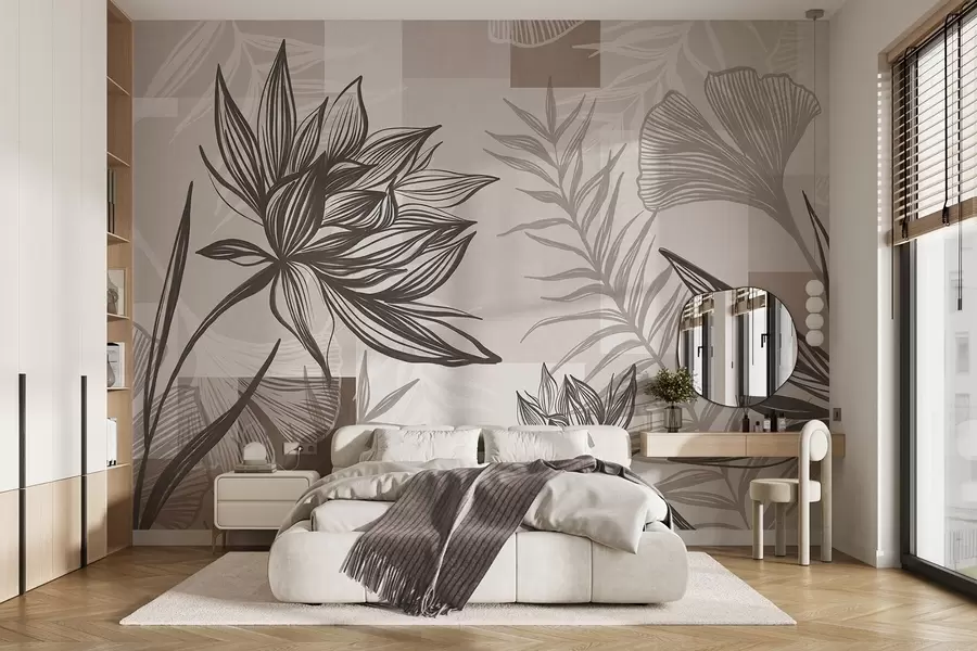 wall murals Textured stylized flowers and leaves in shades of brown and beige, with a geometric background, line art w09629