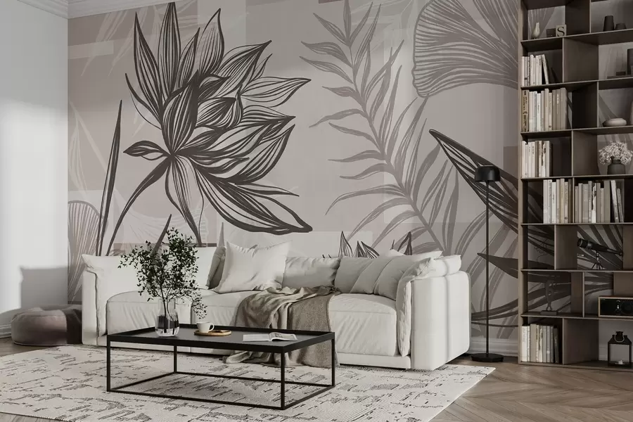 wall murals Textured stylized flowers and leaves in shades of brown and beige, with a geometric background, line art w09629