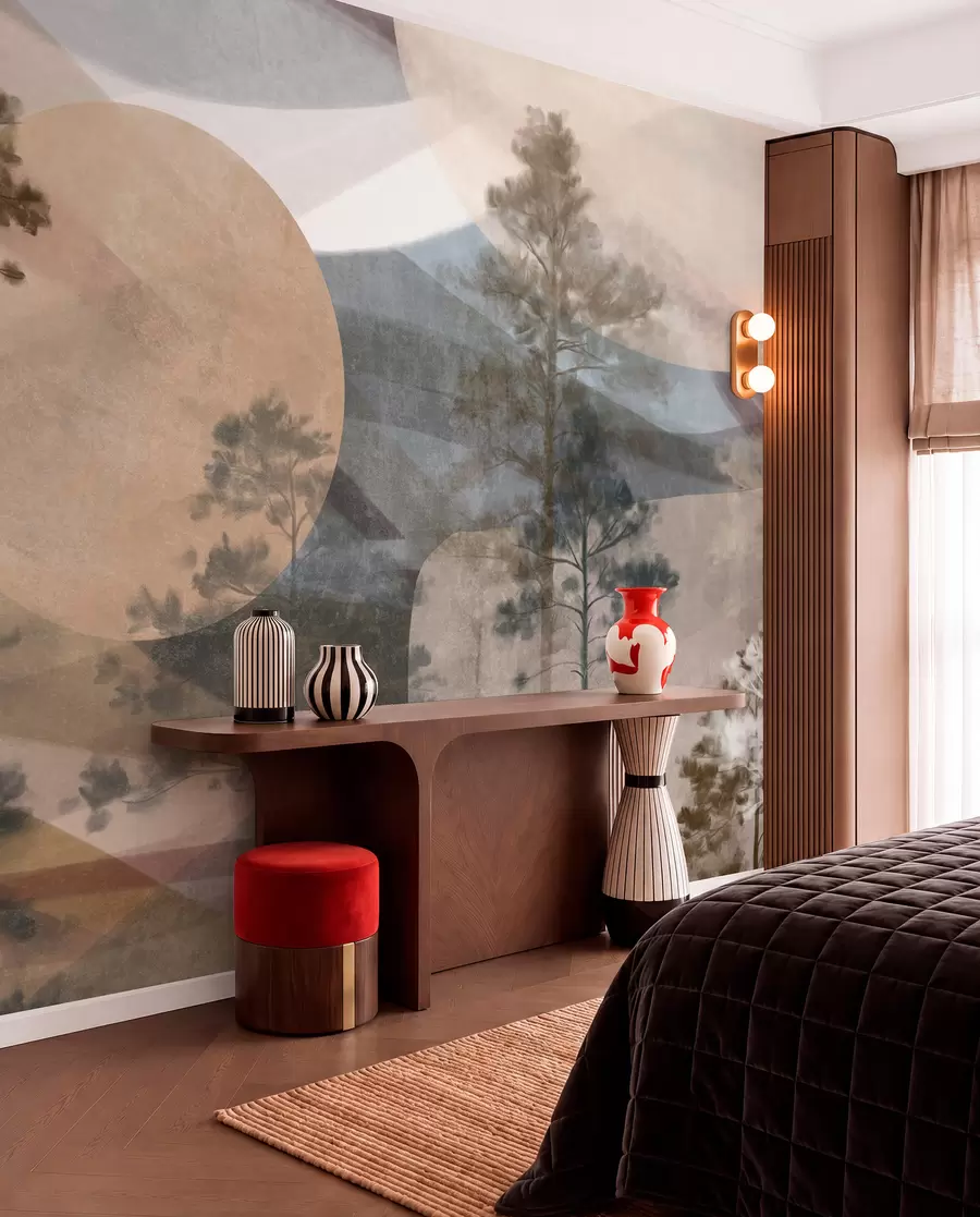 wall murals Tall pine trees in a muted textured landscape with abstract circular shapes and layered mountains in earthy tones w09636
