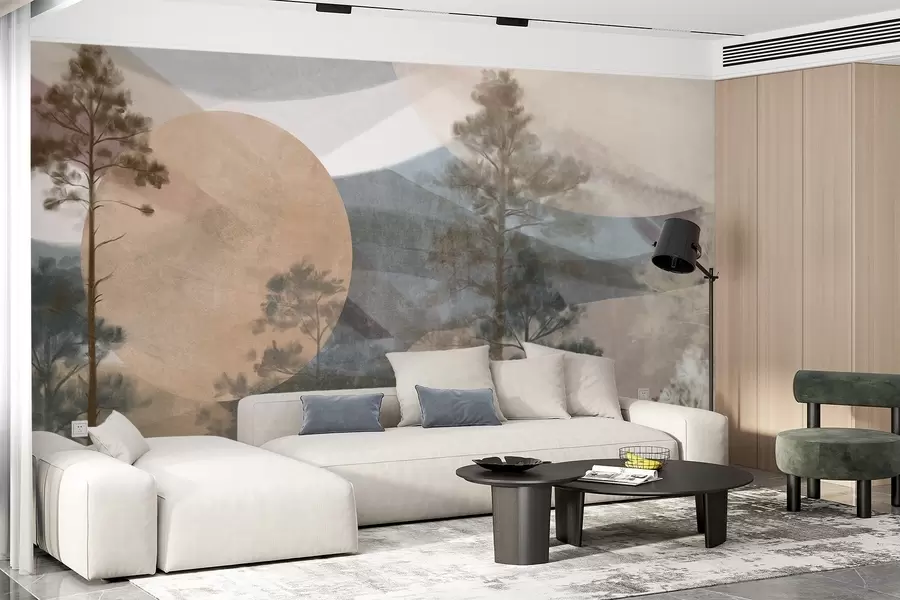 wall murals Tall pine trees in a muted textured landscape with abstract circular shapes and layered mountains in earthy tones w09636