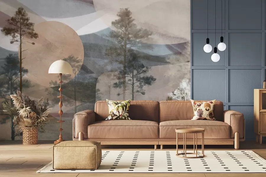 wall murals Tall pine trees in a muted textured landscape with abstract circular shapes and layered mountains in earthy tones w09636