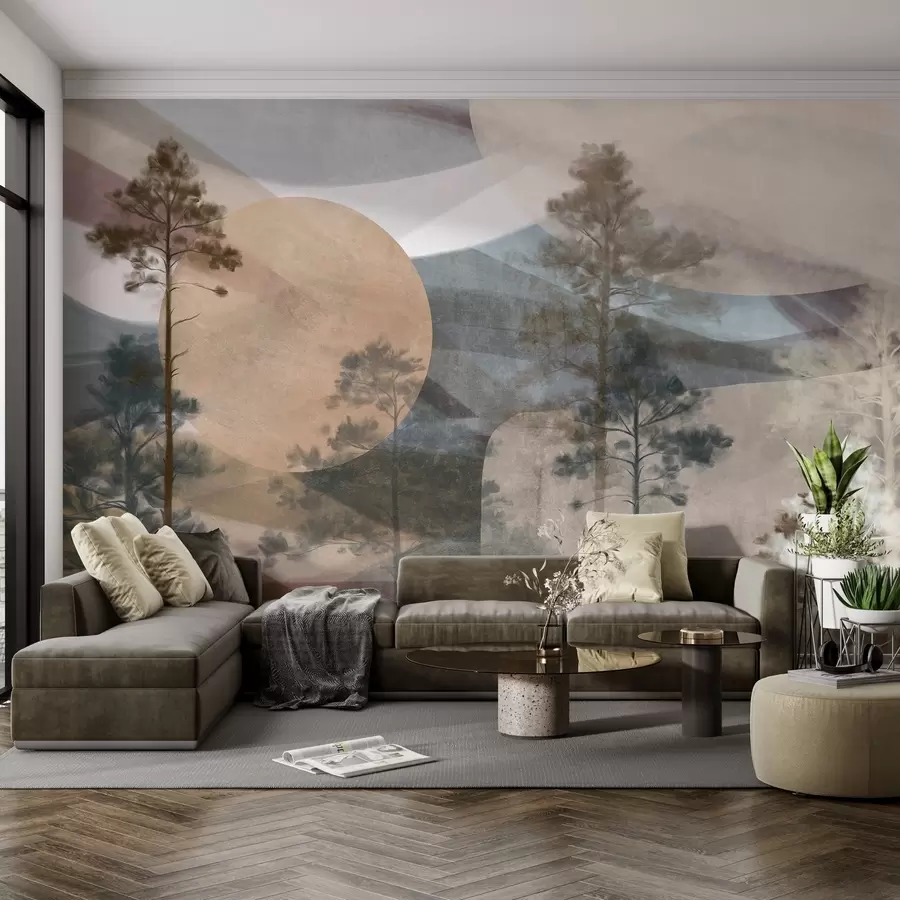wall murals Tall pine trees in a muted textured landscape with abstract circular shapes and layered mountains in earthy tones w09636
