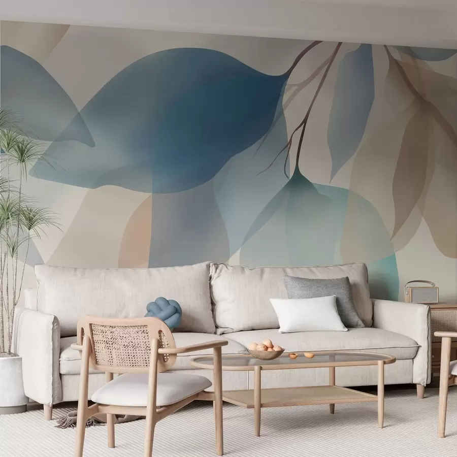 wall murals elegant semi-transparent leaves in shades of blue and beige w05060
