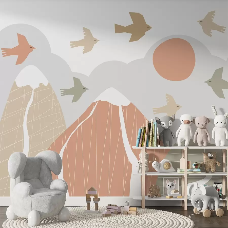 wall murals Scandinavian mountains and birds w05166