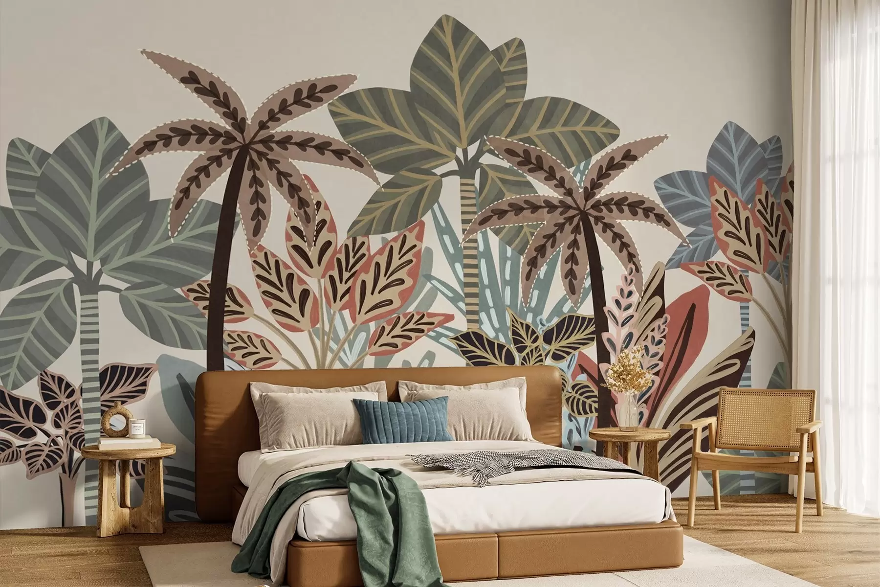 wall murals Textured tropical plants and palm trees with muted colors in decorative boho style against a cream background w09639
