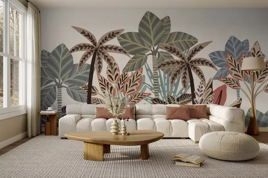 wall murals Textured tropical plants and palm trees with muted colors in decorative boho style against a cream background w09639