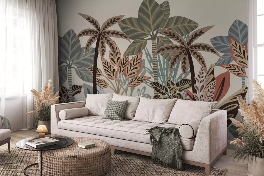 wall murals Textured tropical plants and palm trees with muted colors in decorative boho style against a cream background w09639
