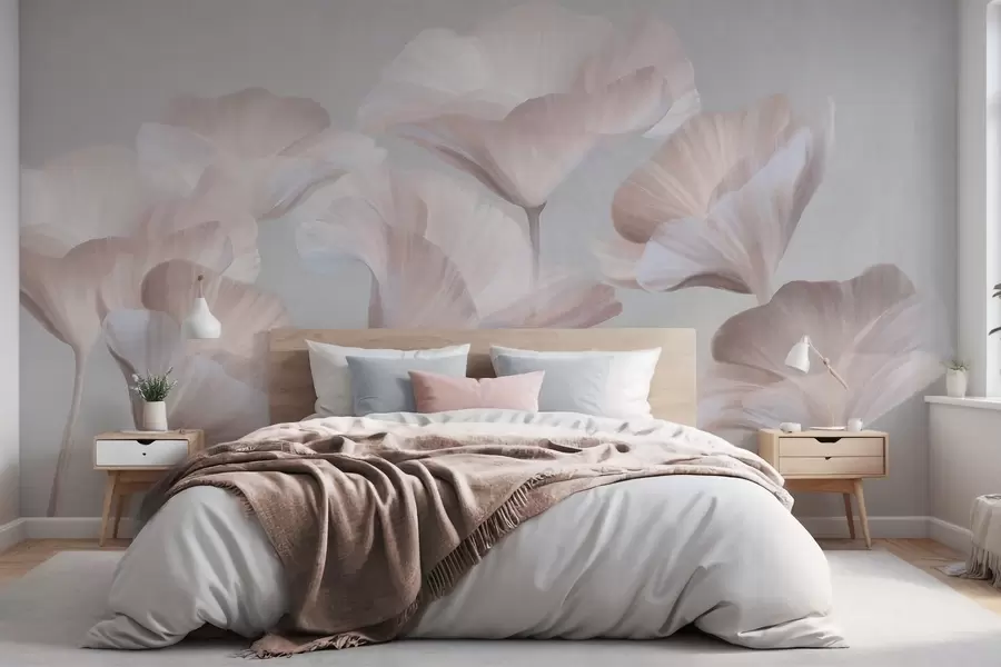 wall murals Pale peach textured translucent lotus flowers with delicate petals against a muted gray background w09640