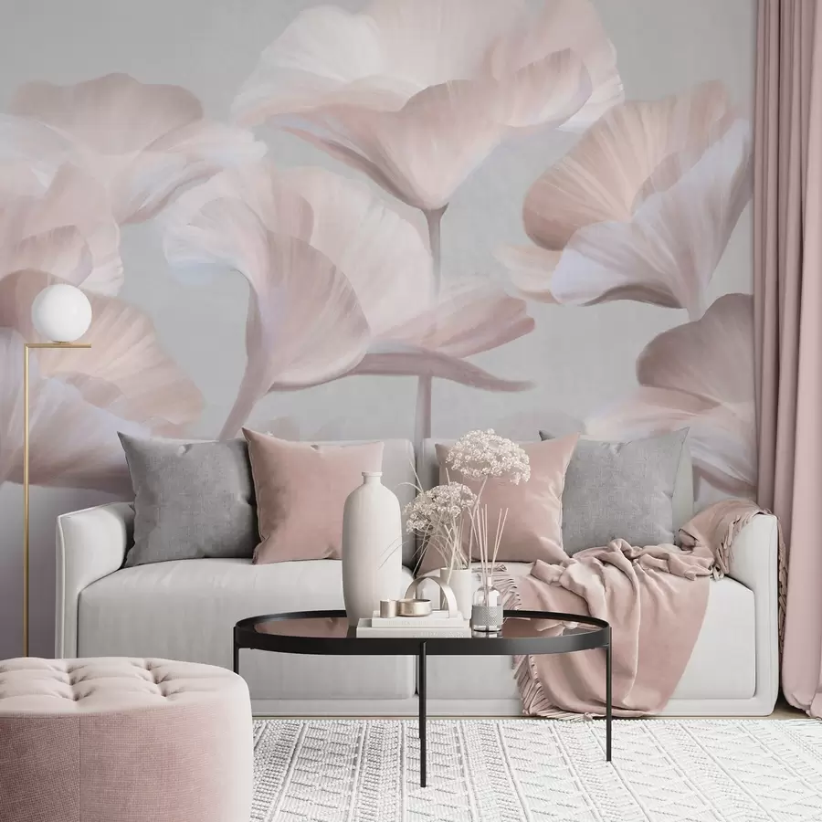 wall murals Pale peach textured translucent lotus flowers with delicate petals against a muted gray background w09640