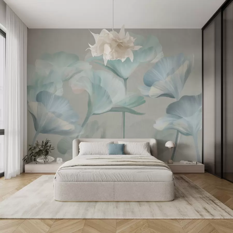 wall murals Pale turquoise textured translucent lotus flowers with delicate petals against a muted gray background w09640v2