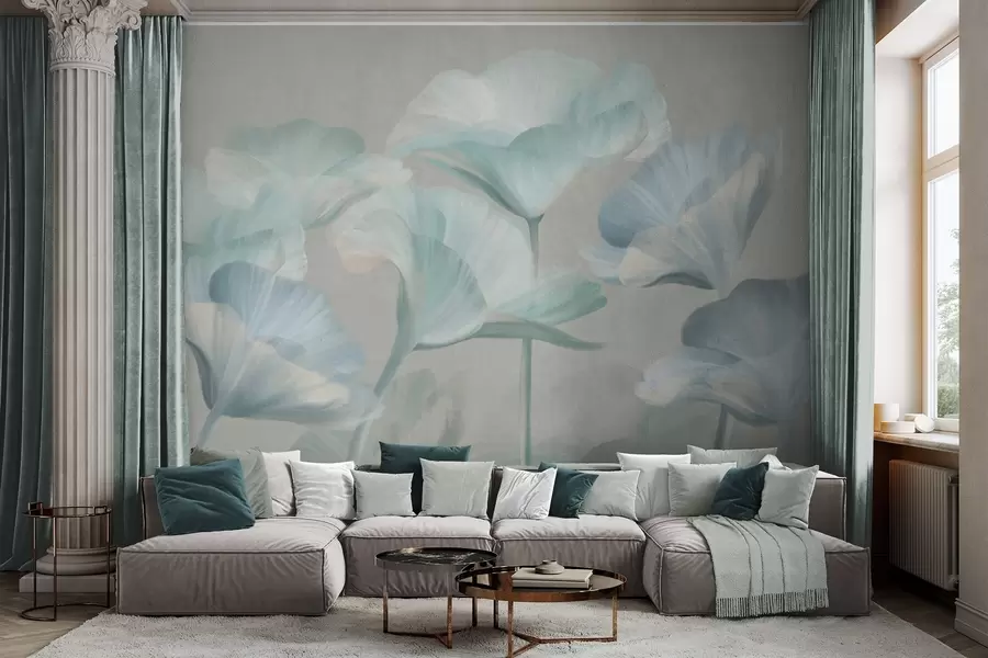 wall murals Pale turquoise textured translucent lotus flowers with delicate petals against a muted gray background w09640v2