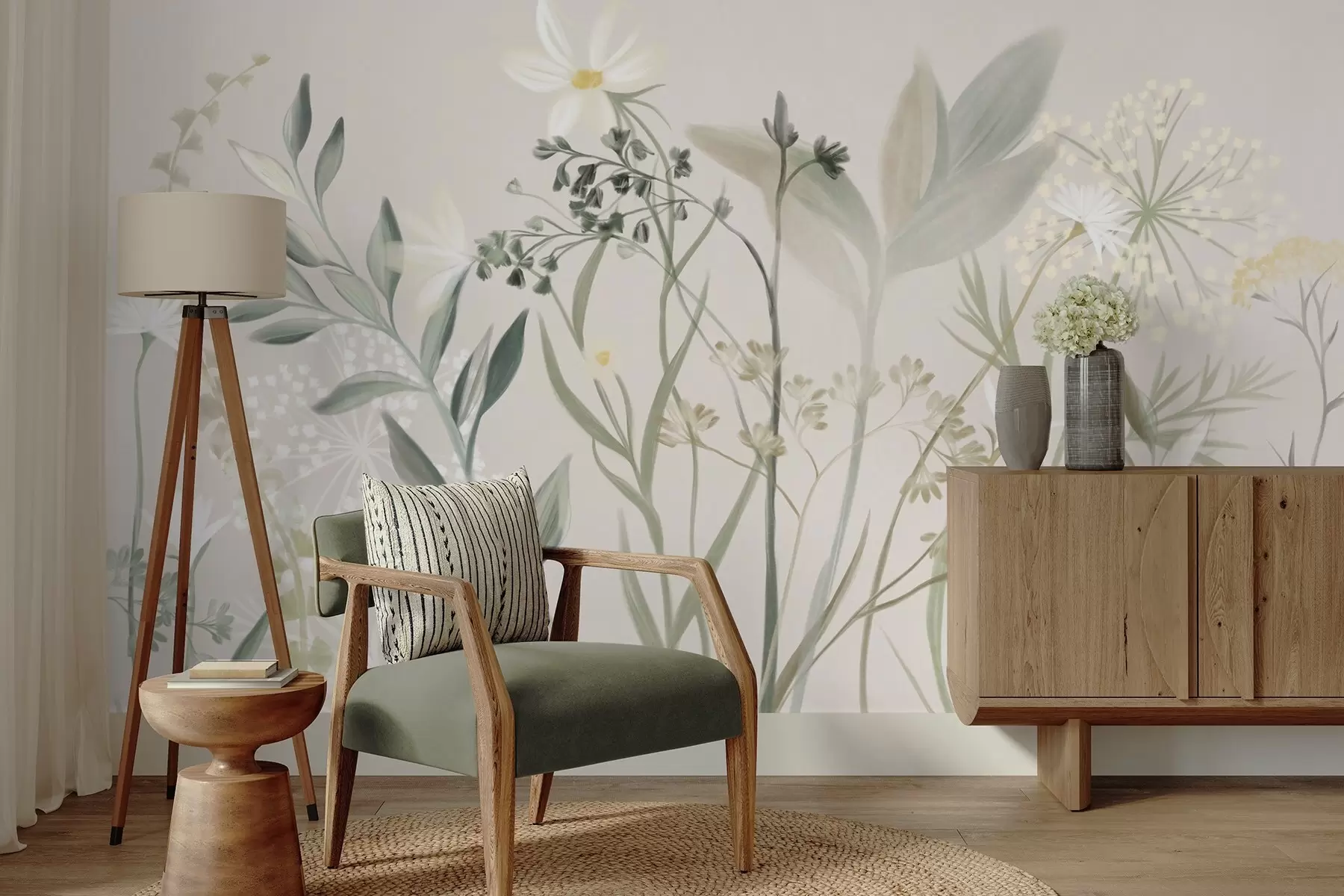 wall murals Delicate textured wildflowers and foliage in muted green and cream tones against a soft beige background w09641