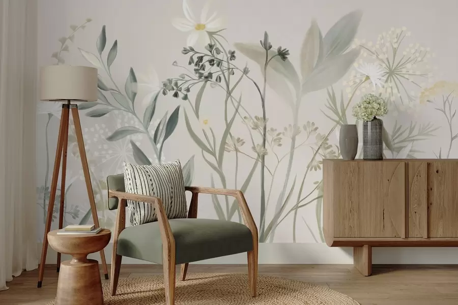 wall murals Delicate textured wildflowers and foliage in muted green and cream tones against a soft beige background w09641