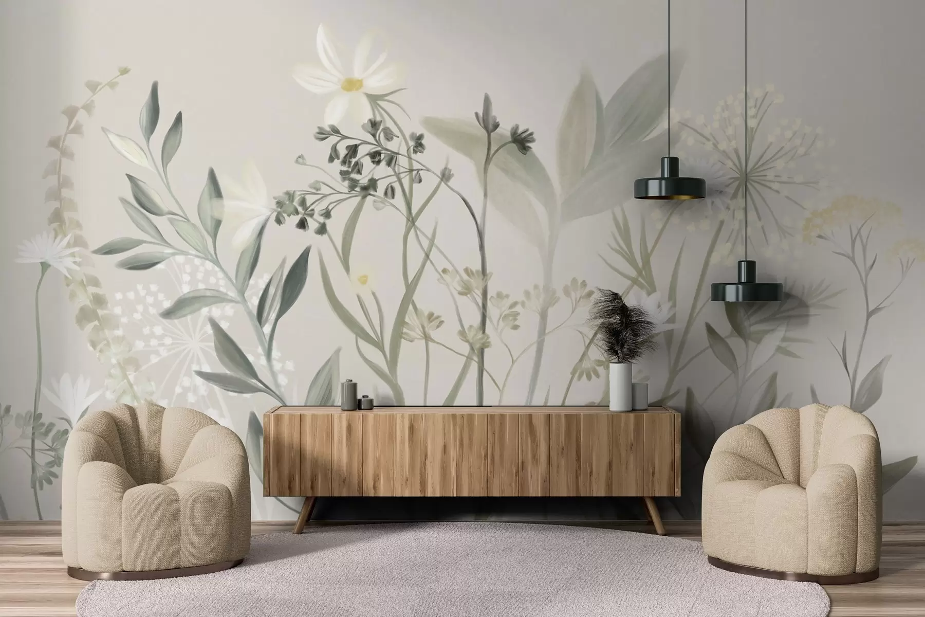 wall murals Delicate textured wildflowers and foliage in muted green and cream tones against a soft beige background w09641