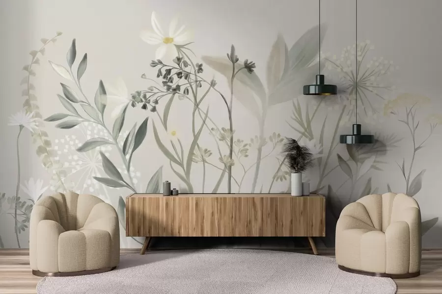 wall murals Delicate textured wildflowers and foliage in muted green and cream tones against a soft beige background w09641