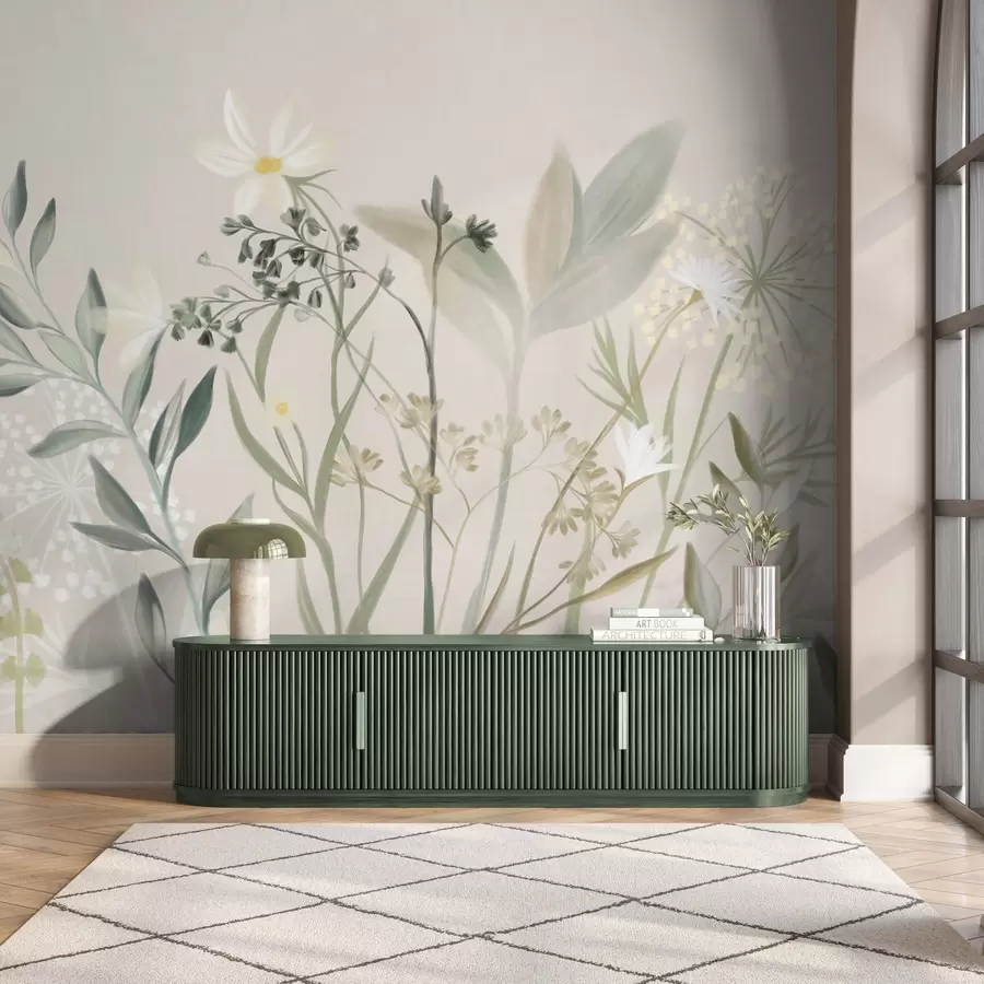 wall murals Delicate textured wildflowers and foliage in muted green and cream tones against a soft beige background w09641