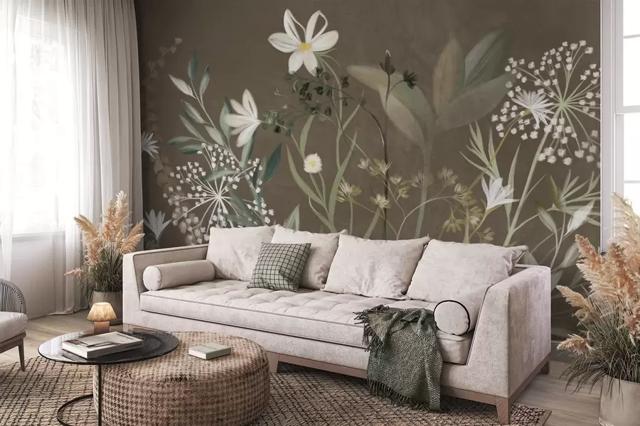 wall murals Delicate textured wildflowers and foliage in muted green and cream tones against a brown background w09641v1