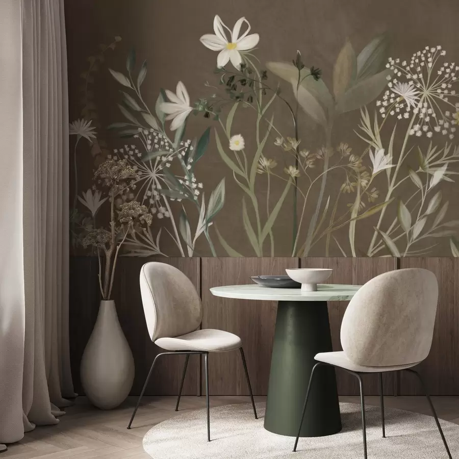 wall murals Delicate textured wildflowers and foliage in muted green and cream tones against a brown background w09641v1