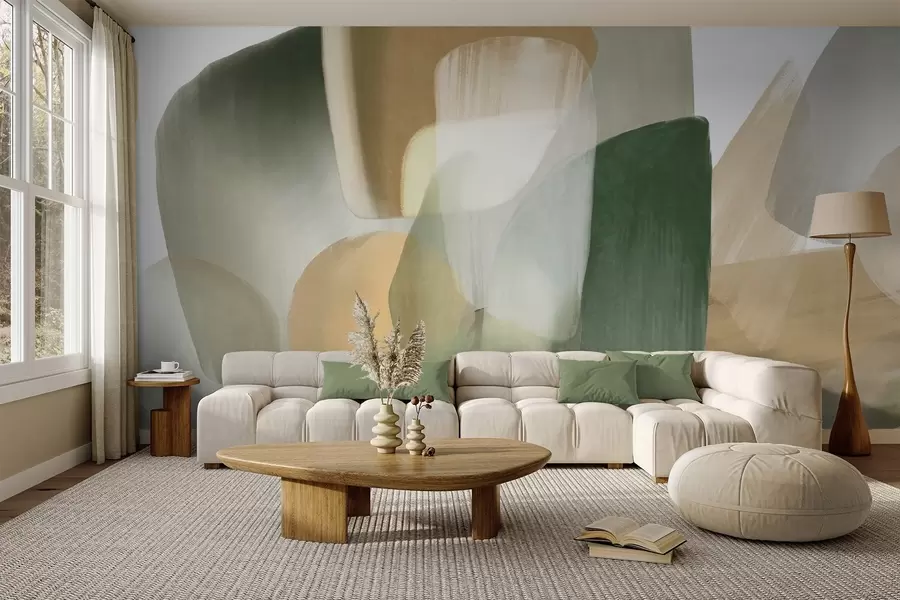 wall murals Abstract texrured shapes in muted green and beige colors, with soft edges and overlapping layers w09642
