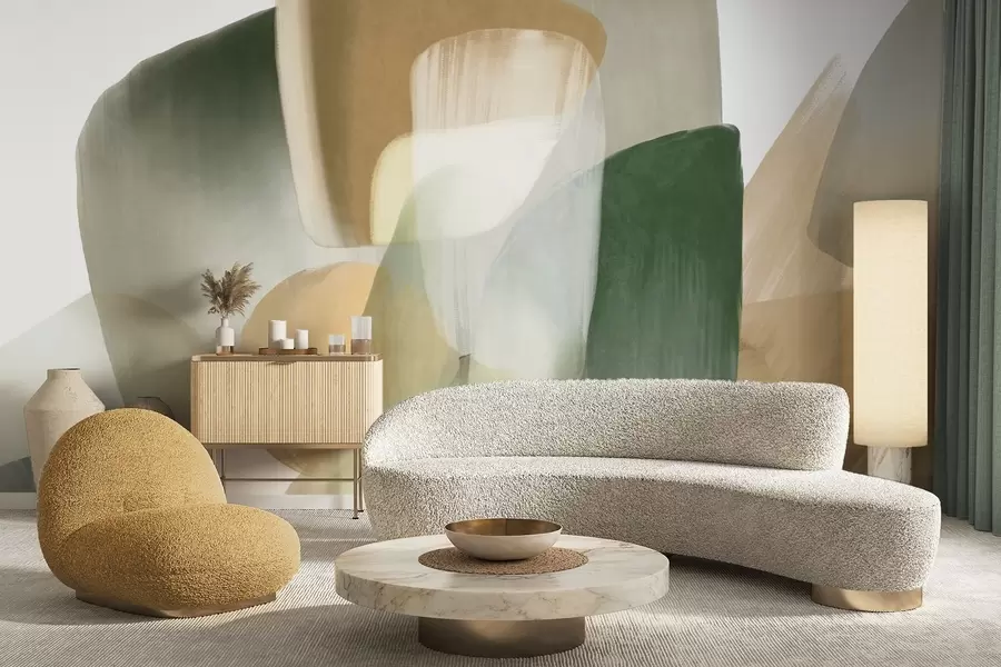 wall murals Abstract texrured shapes in muted green and beige colors, with soft edges and overlapping layers w09642