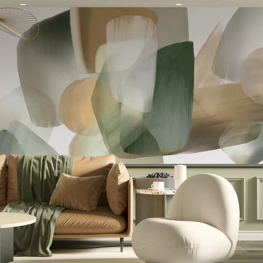 wall murals Abstract texrured shapes in muted green and beige colors, with soft edges and overlapping layers w09642