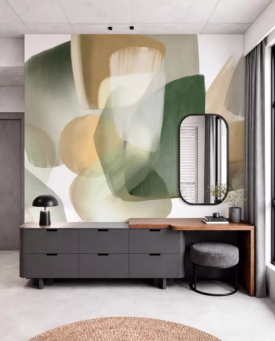 wall murals Abstract texrured shapes in muted green and beige colors, with soft edges and overlapping layers w09642