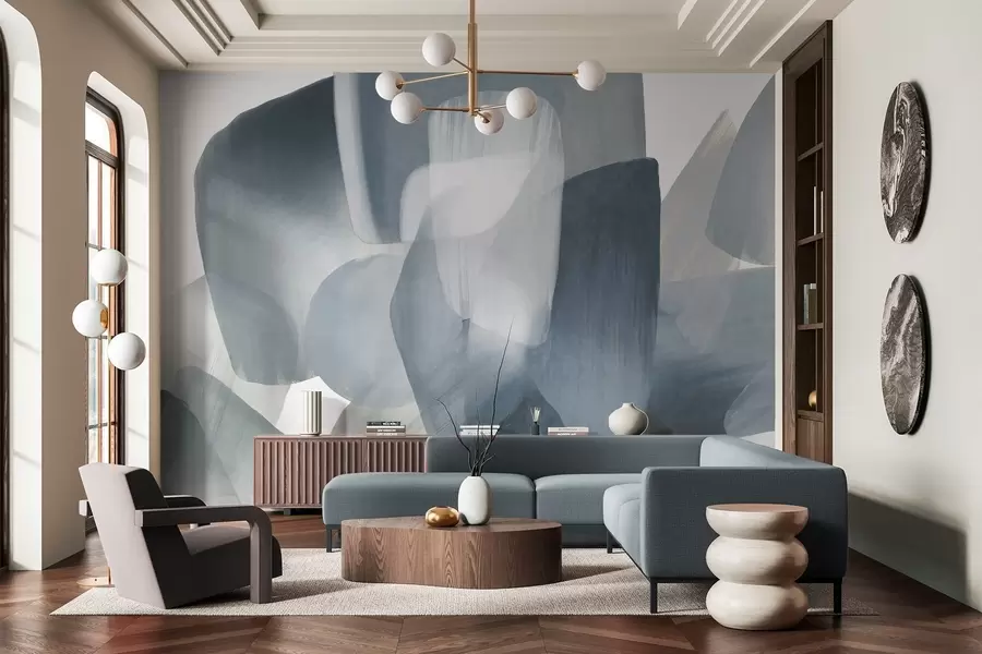 wall murals Abstract texrured shapes in muted blue and gray colors, with soft edges and overlapping layers w09642v1