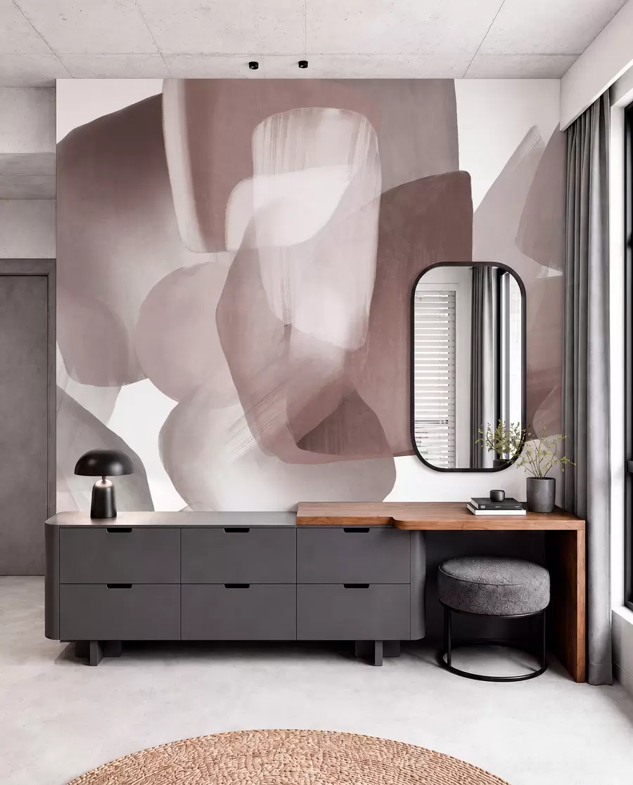 wall murals Abstract texrured shapes in muted burgundy and gray colors, with soft edges and overlapping layers w09642v2