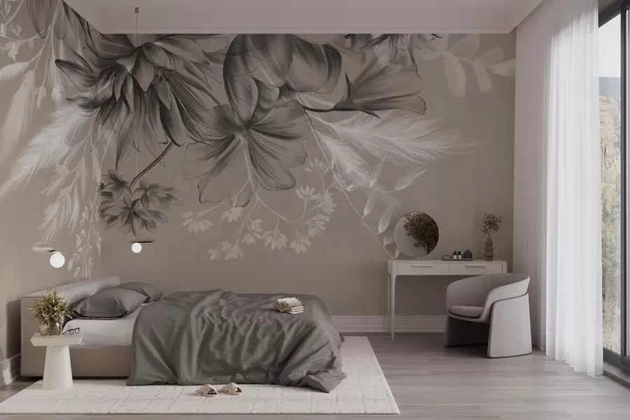 wall murals Textured flowers and ferns in shades of dark gray and white against a muted beige background drawing style w09644