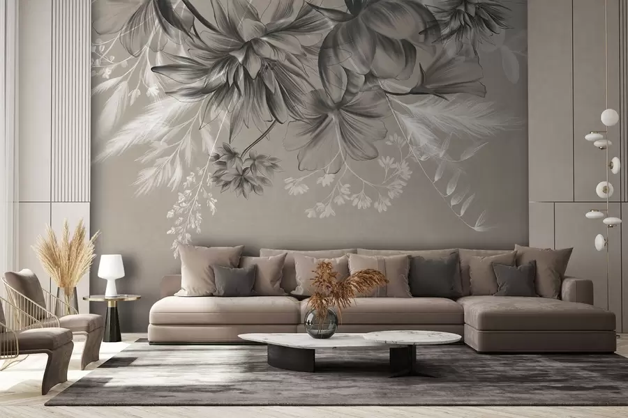 wall murals Textured flowers and ferns in shades of dark gray and white against a muted beige background drawing style w09644
