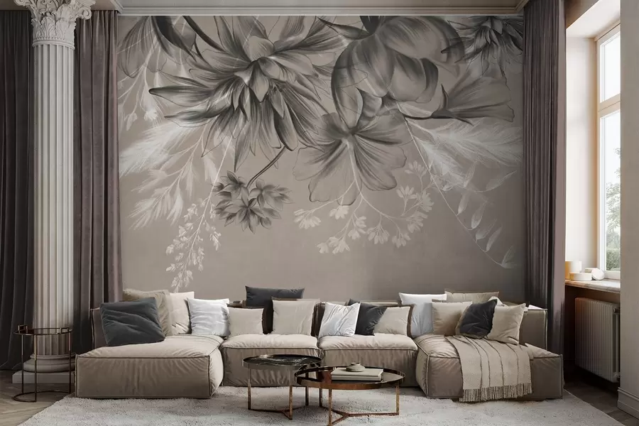 wall murals Textured flowers and ferns in shades of dark gray and white against a muted beige background drawing style w09644