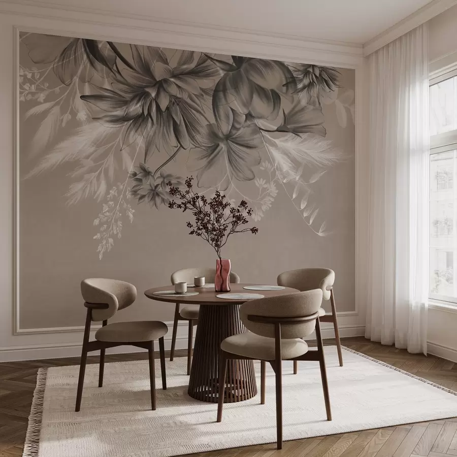 wall murals Textured flowers and ferns in shades of dark gray and white against a muted beige background drawing style w09644