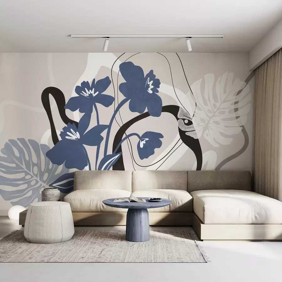 wall murals Abstract textured blue flowers with white and black shapes against a light beige background, minimalist art w09645