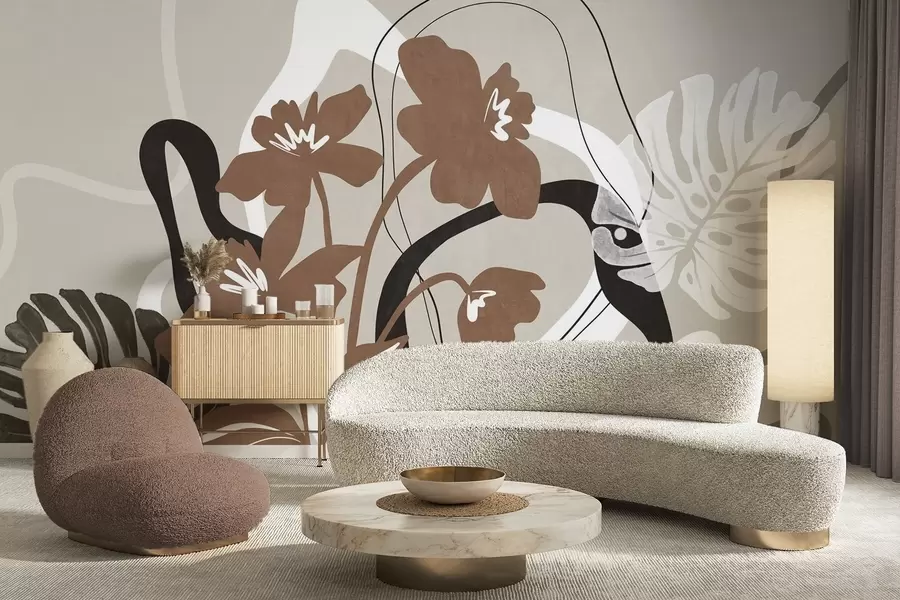 wall murals Abstract textured brown flowers with white and black shapes against a beige background, minimalist art w09645v1