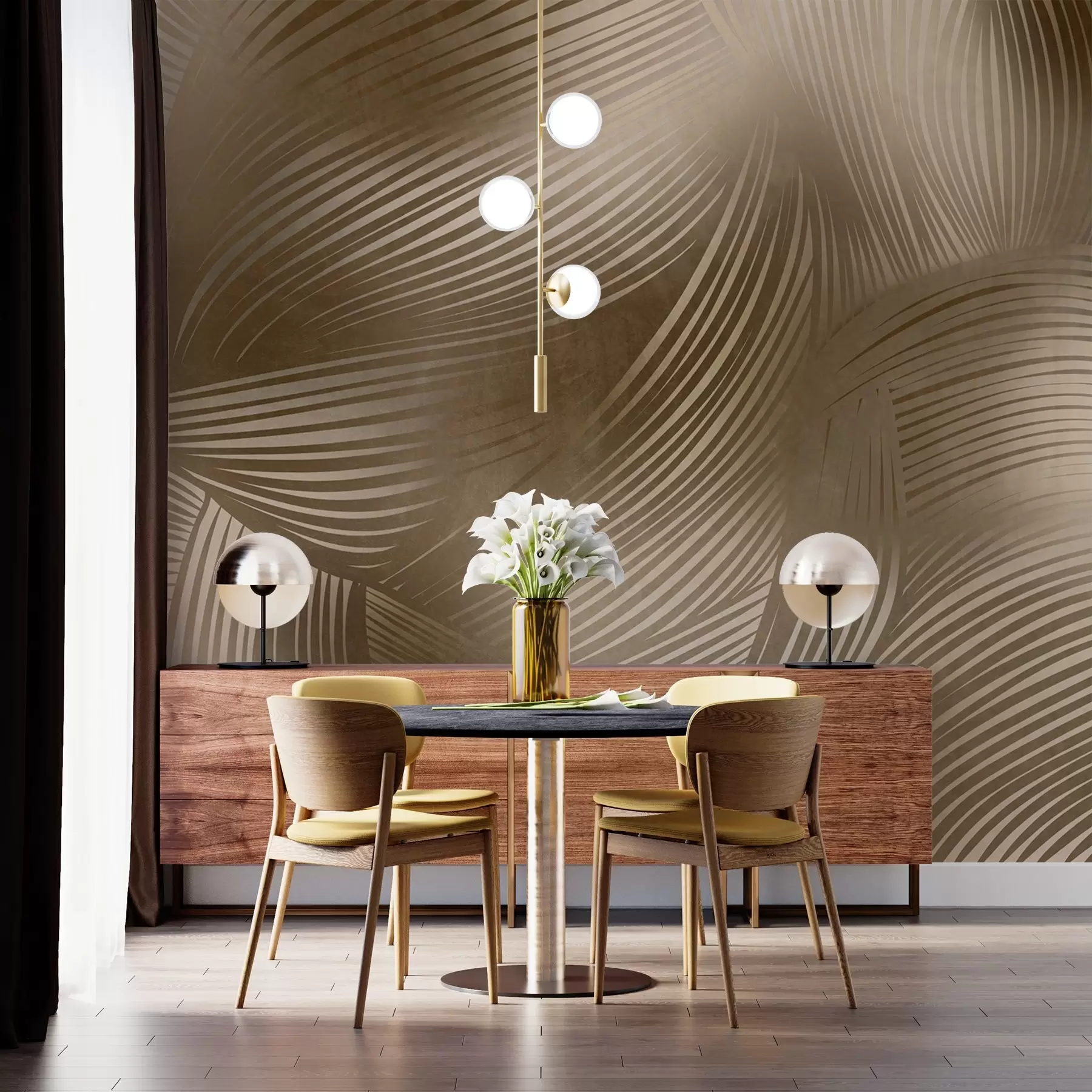 wall murals Abstract print of flowing, curved lines in shades of dark brown creating a textured, modern art w09646