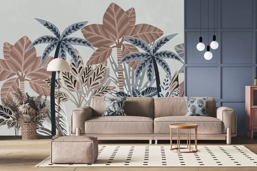 wall murals Textured tropical plants and palm trees with muted colors in decorative boho style against a gray background w09639v1