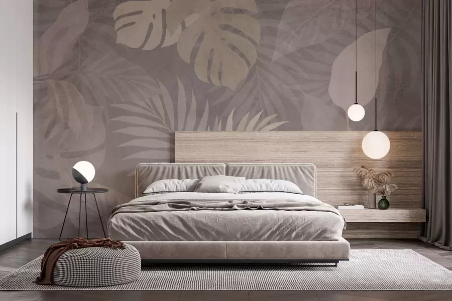 wall murals textured tropical leaves on a grey background w05063v1