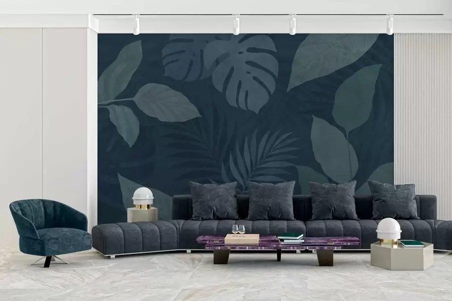 wall murals textured tropical leaves on a dark blue background w05063v3