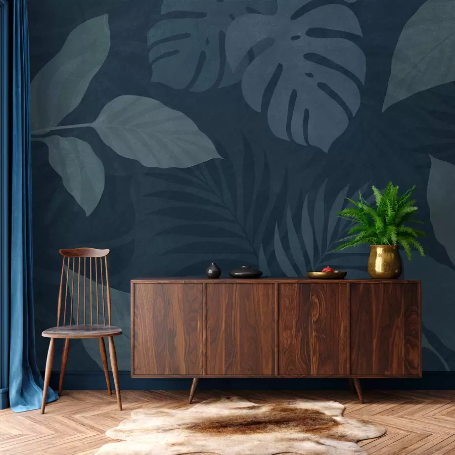 wall murals textured tropical leaves on a dark blue background w05063v3