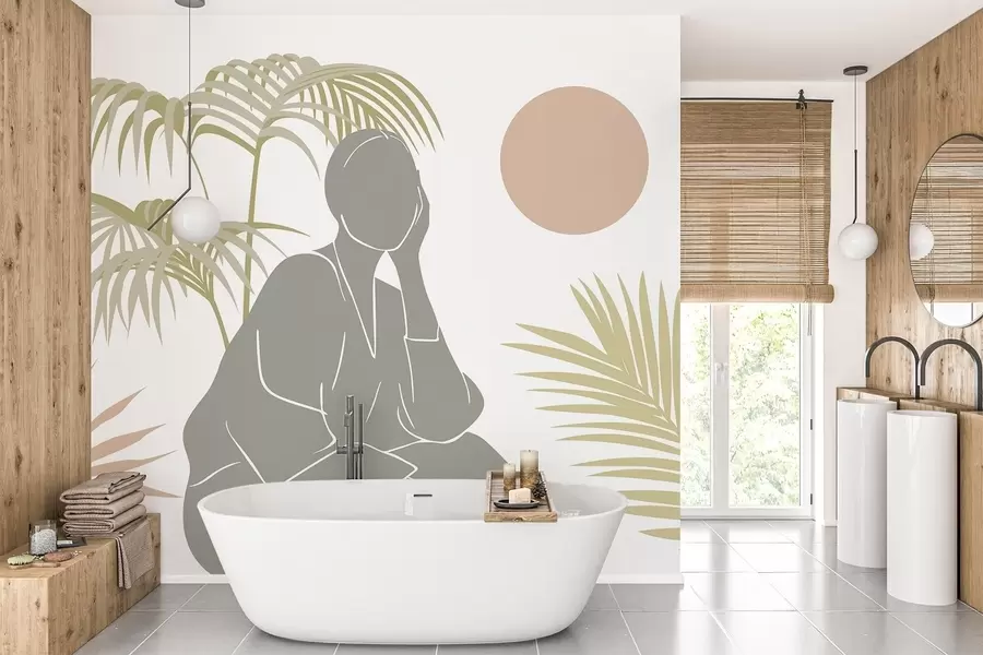 wall murals Silhouette of a woman and palm leaves w05190