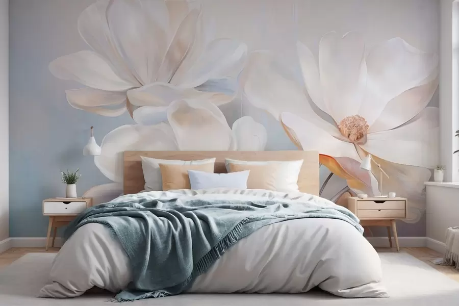 wall murals White fantasy magnolia flowers with delicate textured petals, a soft, abstract background w09373