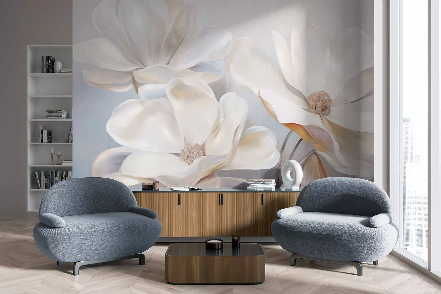 wall murals White fantasy magnolia flowers with delicate textured petals, a soft, abstract background w09373