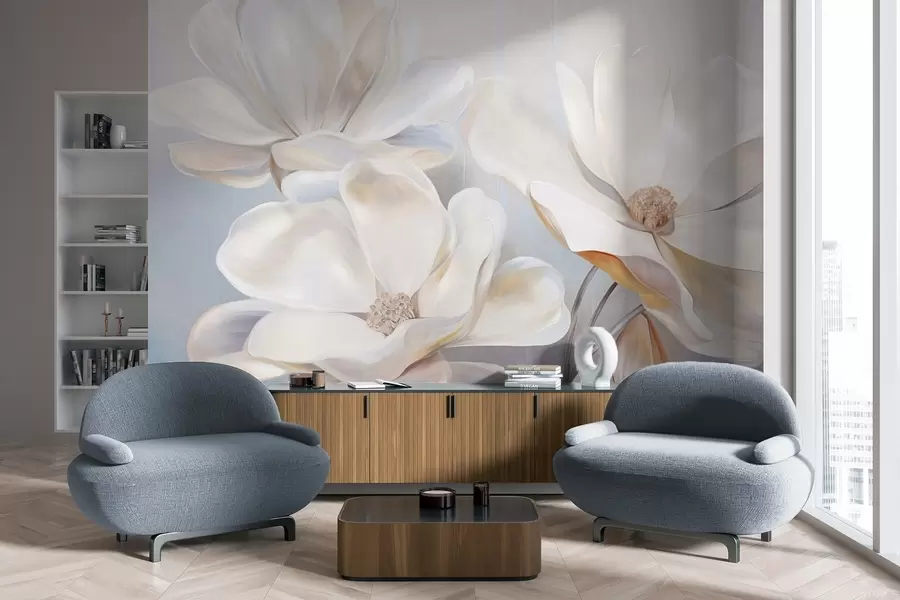 wall murals White fantasy magnolia flowers with delicate textured petals, a soft, abstract background w09373