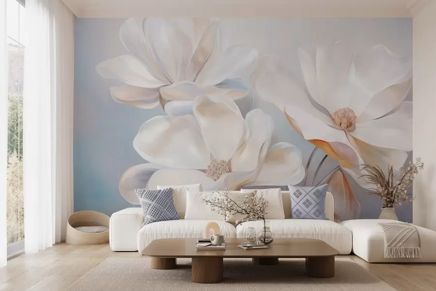 wall murals White fantasy magnolia flowers with delicate textured petals, a soft, abstract background w09373